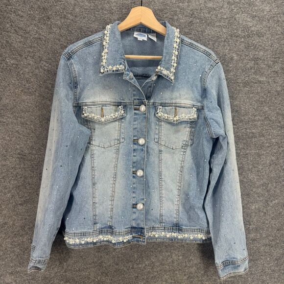 DG2 Jacket Women L Large Blue Denim Light Wash Button Up Collared Long Sleeve - Picture 1 of 9